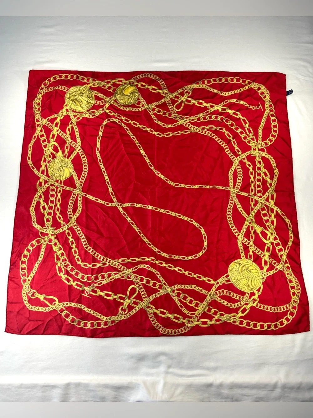 RARE VTG Mednikow Jewelers Silk Scarf Made In Italy Hand-Rolled Red Gold Chain